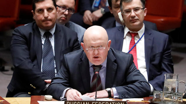 Russian Ambassador to the United Nations Vassily Nebenzia speaks during an urgent meeting called by Great Britain to the United Nations Security Council to brief members on former spy poisoning at U.N. headquarters in New York 