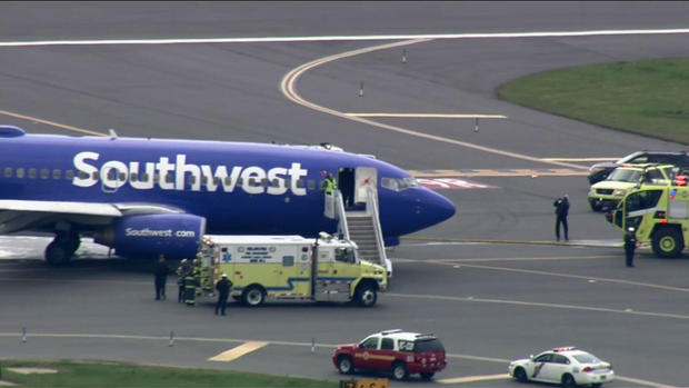 A Southwest Airlines flight is seen after making an emergency landing at Philadelphia International Airport on April 17, 2018. 