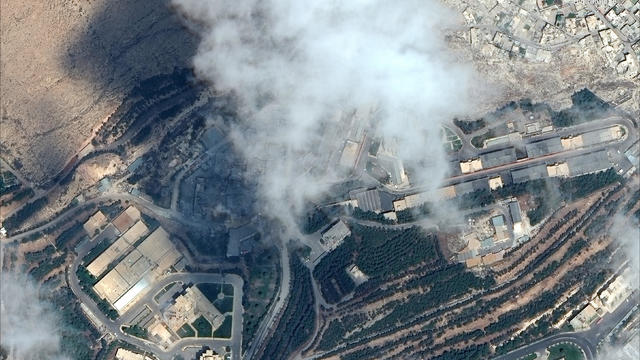 Satellite image shows the Barzah Research and Development Center after being struck in Damascus 