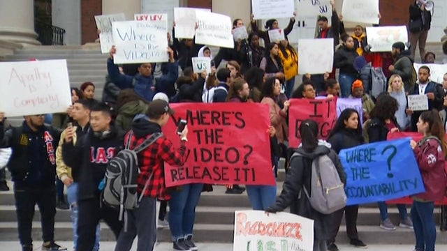 Syracuse University students protest about a racist video that led to the suspension of a fraternity in Syracuse, New York, on April 18, 2018. 