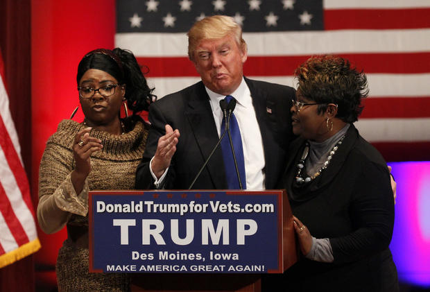 The YouTube stars known as "Diamond & Silk" appear with Republican presidential candidate Donald Trump at his "Rally to Benefit Veterans" in Des Moines 