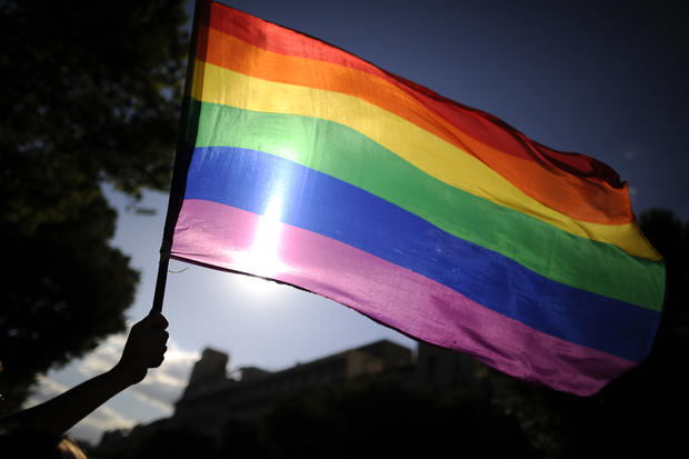 pride- LGBT- A participants holds a rainbow flag duri 