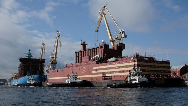 The floating nuclear power plant "Akademik Lomonosov" is seen being towed to Murmansk for nuclear fuel loading, in St. Petersburg 