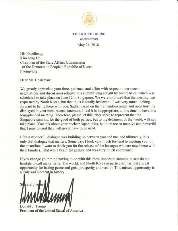 Trump letter to Kim Jong Un canceling June summit. 