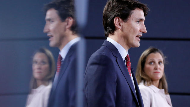 Canada's PM Trudeau speaks during news conference with Foreign Minister Freeland in Ottawa 
