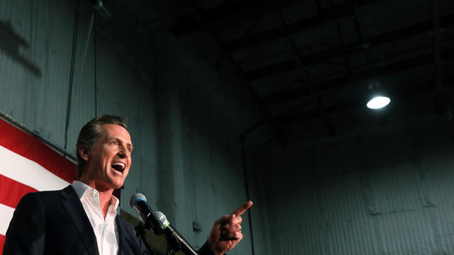 California gubernatorial candidate, Lieutenant Governor Gavin Newsom speaks at a campaign rally in Burbank, California 