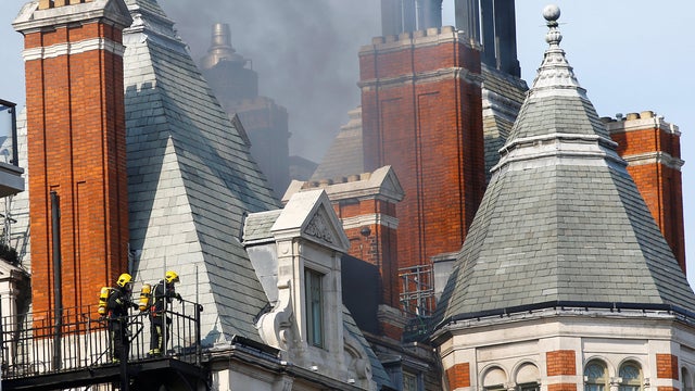 Firefighters tackle a blaze at the Mandarin Oriental Hotel in Knightsbridge, central London 