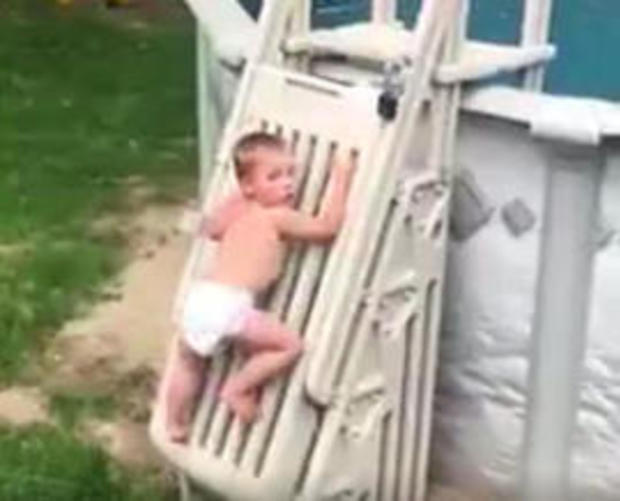 Baby Climbs Pool Ladder 
