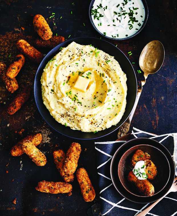OH Soul Cookbook Mashed Potatoes, potatoes croquette and chive sour cream 