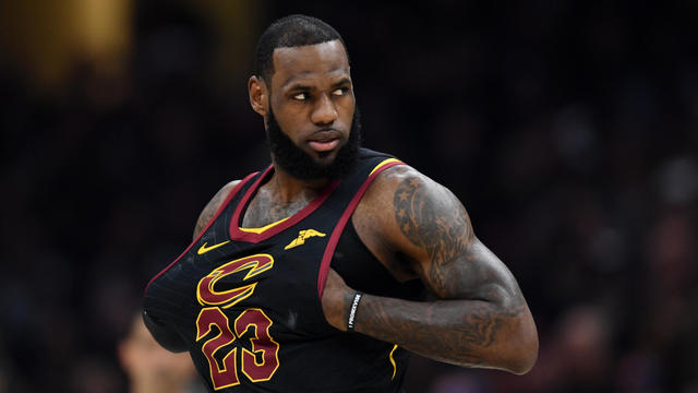 Cleveland Cavaliers forward LeBron James reacts during the first quarter in game three of the NBA finals against the Golden State Warriors at Quicken Loans Arena in Cleveland on June 6, 2018. 
