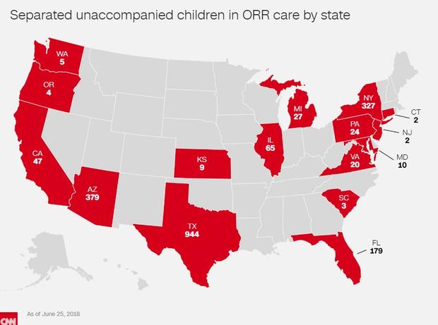 Separated unaccompanied children in ORR care by state 
