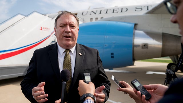 U.S. Secretary of State Mike Pompeo speaks to members of the media at Sunan International Airport in Pyongyang 