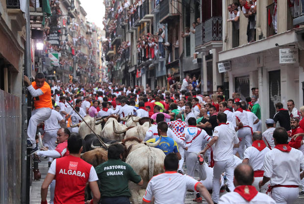 Revellers sprint in front of bulls and steers during the sixth running of the bulls of the San Fermin festival in Pamplona 