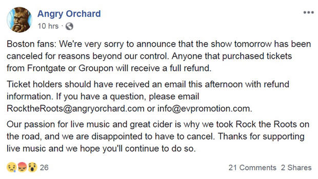 ANGRY ORCHARD CANCELS 2 COURTSY FACEBOOK ANGRY ORCHARD 