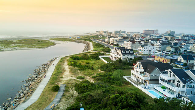 Aerial view of the sunset over North Wildwood sea wall 