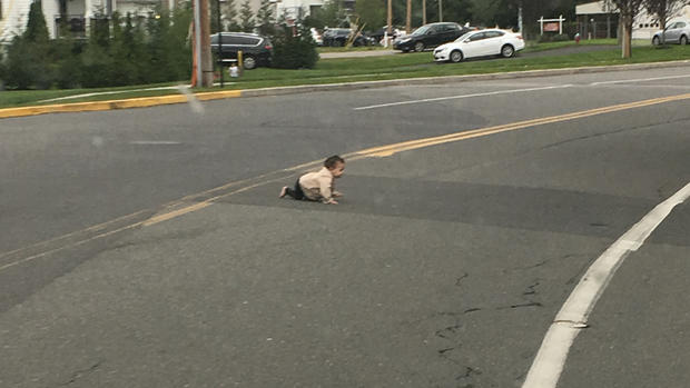 Baby Crawls Across Road 