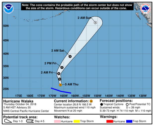 A map from the Central Pacific Hurricane Center shows the projected path of Hurricane Walaka as of 11 a.m. ET on Oct. 4, 2018. 