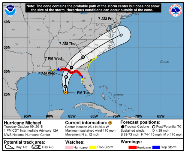 A map made by the National Hurricane Center shows the projected path of Hurricane Michael as of 2 p.m. ET on Oct. 9, 2018. 