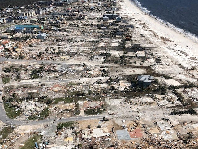 Buildings that were damaged and destroyed by Hurricane Michael are seen in a photograph taken on a U.S. Coast Guard MH-65 helicopter over Mexico Beach, Florida, Oct. 11, 2018.