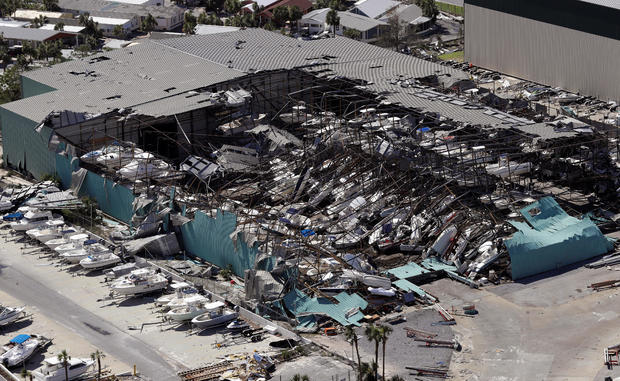 A roof over a boat storage building is collapsed after Hurricane Michael smashed into Florida's northwest coast in Panama City Beach 