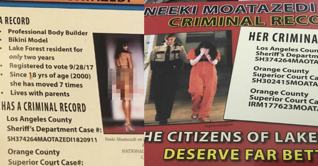 Fliers depicting Lake Forest City Council candidate Neeki Moatazedi in a bikini and as a criminal. 