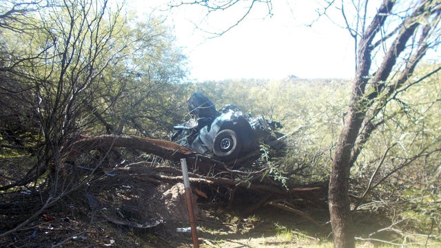 A vehicle that went off U.S. 60 into a mesquite tree is seen in a photo released by the Arizona Department of Public Safety on Oct. 31, 2018. 