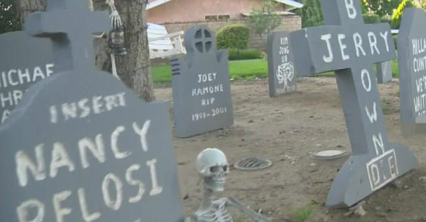 Halloween decorations in Newhall Santa Clarita Council Candidate Brett Haddock says are offensive. 