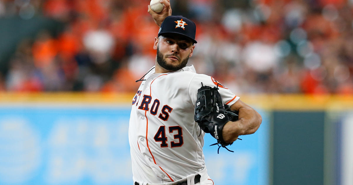 Lance McCullers Jr. #43 of the Houston Astros pitches in the third