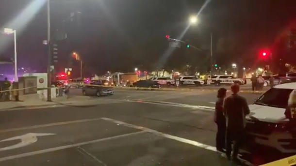 Police vehicles are seen after the shooting in Thousand Oaks, California 