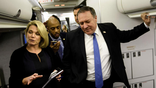 FILE PHOTO: Spokesperson Heather Nauert while US Secretary of State Mike Pompeo dialogues with reporters in his plane while flying from Panama to Mexico 