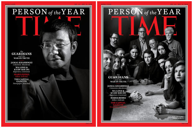 Maria Ressa, a Filipina journalist, and the staff of the Capital Gazette newspaper are seen in this combination image of the covers naming them among Time's Person of the Year Dec. 11, 2018. 