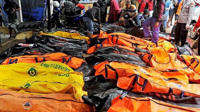 Bodies of tsunami victims are collected at a local health facility after a tsunami hit Carita in Pandeglang 