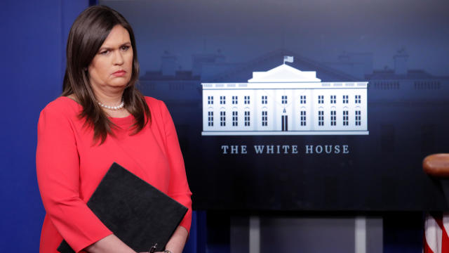 Press Secretary Sanders waits to answer questions as Trump administration announces economic sanctions against Venezuela at White House in Washington 