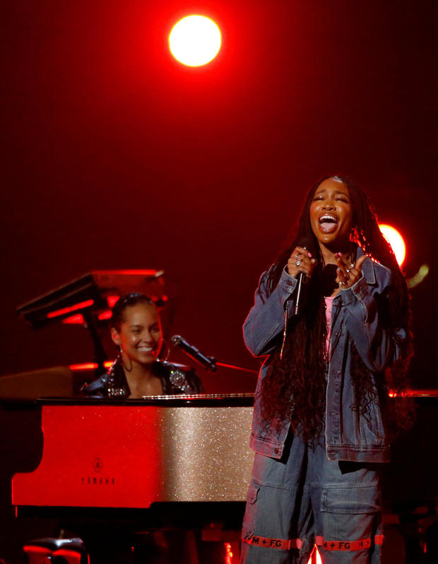 Singers SZA and Keys perform a medley during the taping of "Aretha! A Grammy Celebration For The Queen Of Soul" at the Shrine Auditorium in Los Angeles 