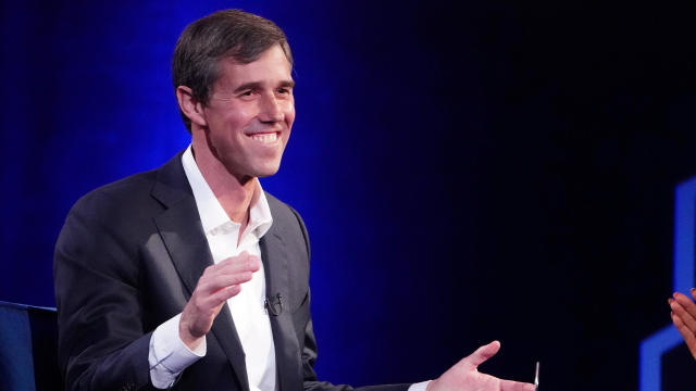 O'Rourke speaks to Winfrey on stage during a taping of her TV show in Manhattan 