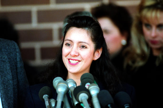 Lorena Bobbitt meets reporters outside court in Manassas, Virginia, Feb. 28, 1994. 