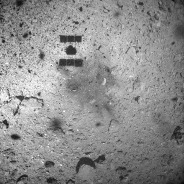 Hayabusa 2 space probe is seen after it landed on the Ryugu asteroid, in this handout image released by Japan Aerospace Exploration Agency 