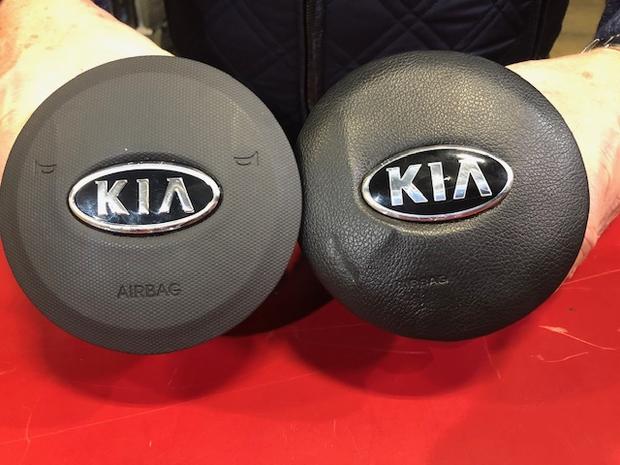 counterfeit airbag side by side with real airbag 