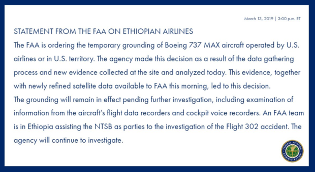 FAA statement on grounding of Boeing 737 MAX planes in U.S. 