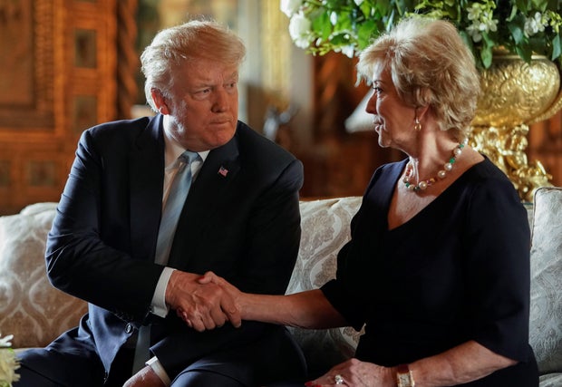 U.S. President Trump shakes hands with SBA Administrator McMahon at Mar-a-Lago in Palm Beach, Florida
