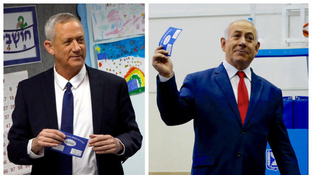 A combination picture shows Benny Gantz (left), leader of Blue and White party voting at a polling station in Rosh Ha'ayin and Israel’s Prime Minister Benjamin Netanyahu voting at a polling station in Jerusalem during Israel's parliamentary election 