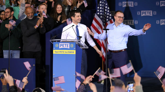 South Bend's Mayor Pete Buttigieg and his husband Chasten Buttigieg attend a rally to announce Pete Buttigieg's 2020 Democratic presidential candidacy in South Bend 