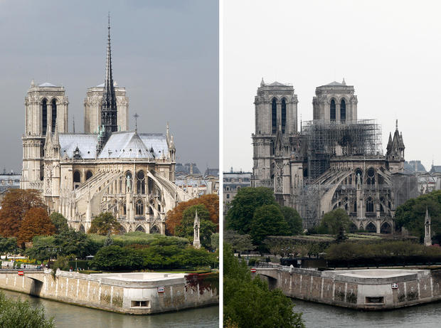 A combination picture shows views of Notre Dame Cathedral before, left, and after a massive fire devastated large parts of the Gothic structure in Paris, France, April 16, 2019. 