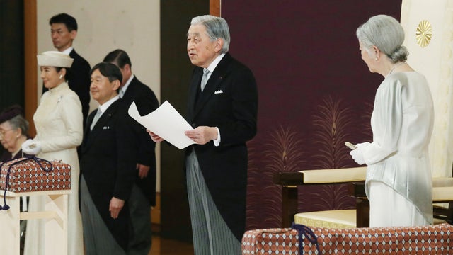 Japan's Emperor Akihito, flanked by Empress Michiko, Crown Prince Naruhito and Crown Princess Masako, delivers a speech during a ritual called Taiirei-Seiden-no-gi, a ceremony for the Emperor's abdication, at the Imperial Palace in Tokyo 
