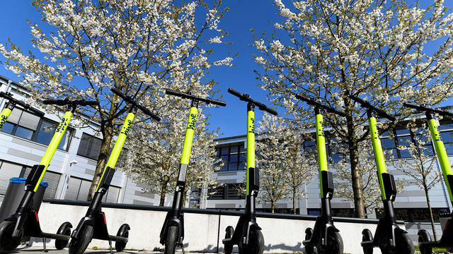 E-scooters are lined up during a presentation at the DESY campus in Hamburg 