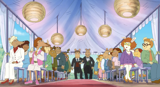 Arthur and his friends show up to the wedding ready to object to it – only to see Mr. Ratburn walk down the aisle with his groom. 