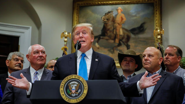 U.S. President Trump speaks to reporters during farmers event at the White House in Washington 