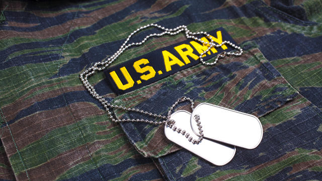 US ARMY branch tape and dog tags on tiger stripe camouflage uniform 