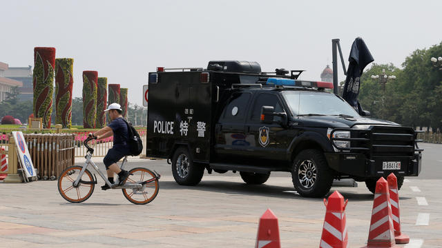 A police vehicle is deployed in Tiananmen Square in Beijing 