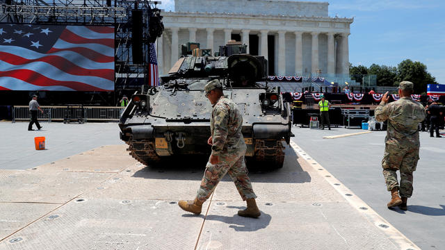 A Bradley Fighting Vehicle is moved into place as July Fourth preparations continue at Lincoln Memorial in Washington 